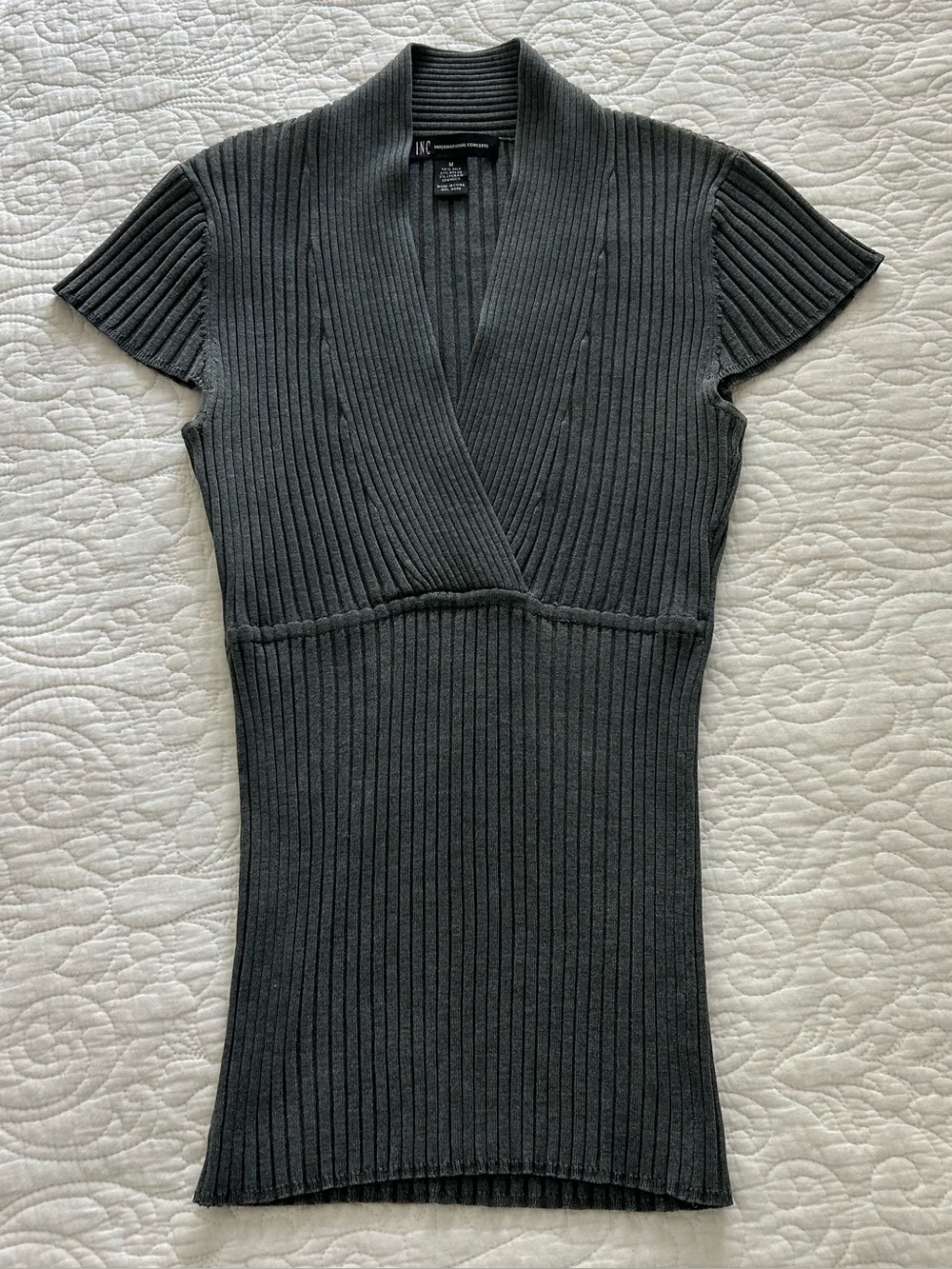 Y2K Silk Blend Ribbed Knit Wrap Babydoll Top Grey Work Office Siren V-Neck Sz S